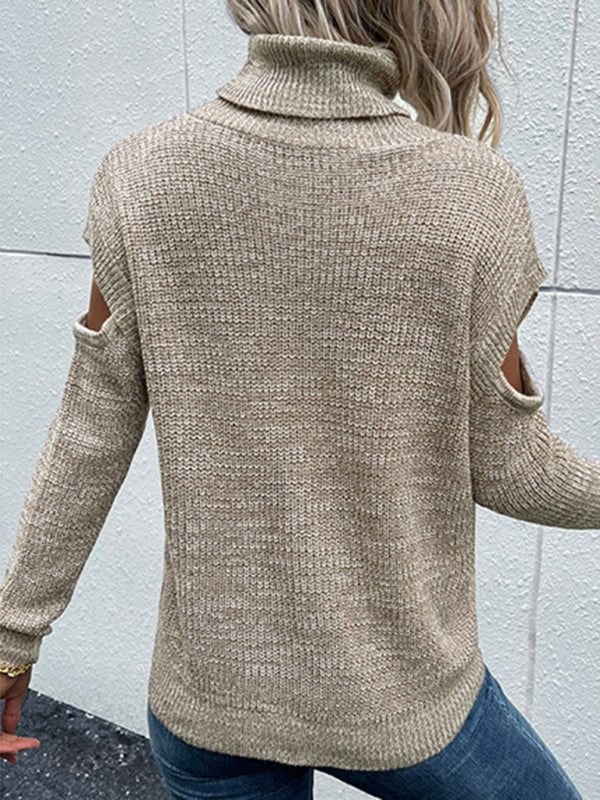 Women's Turtleneck Long Sleeve Solid Color Cutout Off Shoulder Sweater - Outerwear