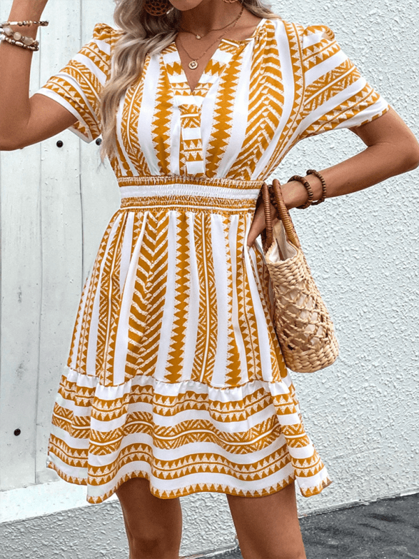 Women's V Neck Bohemian V Neck Short Sleeve Printed Dress - Vacation Dress