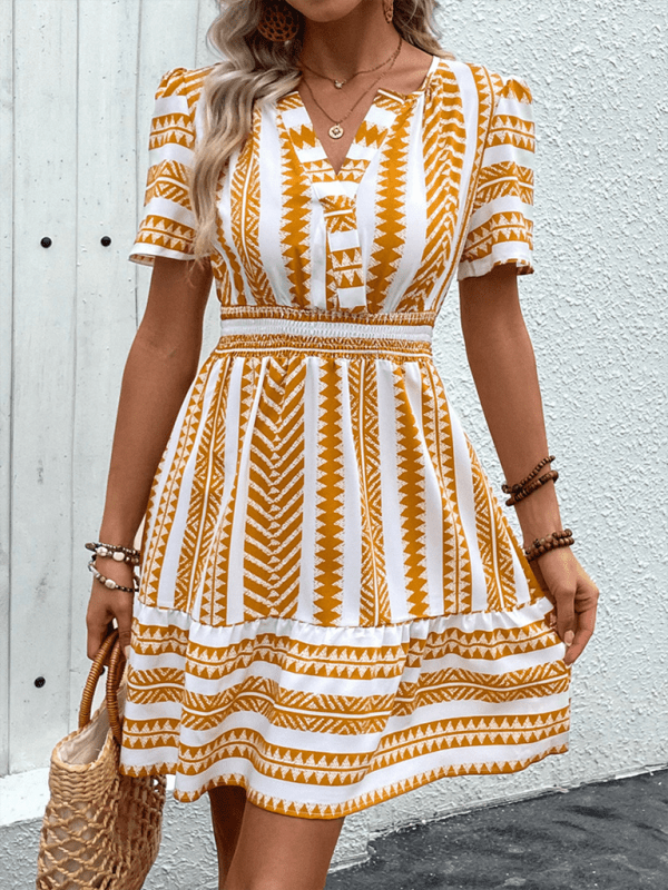 Women's V Neck Bohemian V Neck Short Sleeve Printed Dress - Vacation Dress