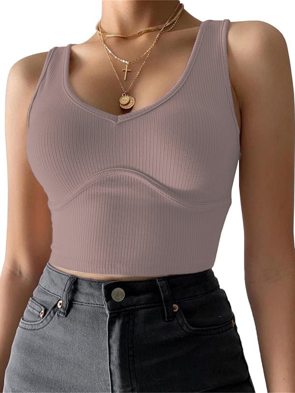 Women's V - Neck Stitching Stretch Solid Color Knit Tank Top - Top
