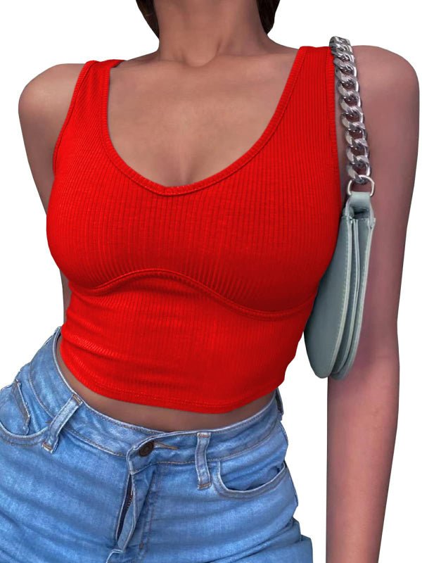 Women's V - Neck Stitching Stretch Solid Color Knit Tank Top - Top