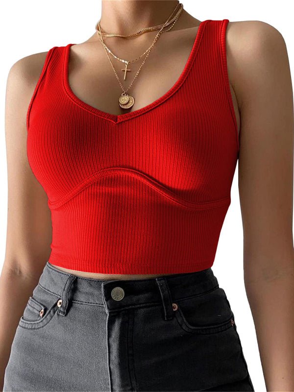 Women's V - Neck Stitching Stretch Solid Color Knit Tank Top - Top