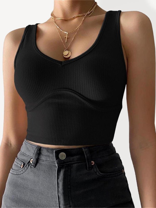 Women's V - Neck Stitching Stretch Solid Color Knit Tank Top - Top