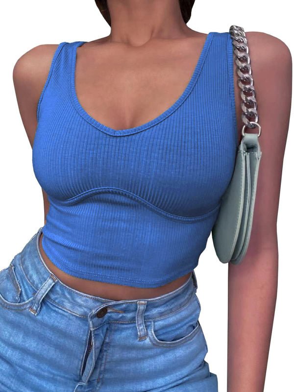 Women's V - Neck Stitching Stretch Solid Color Knit Tank Top - Top