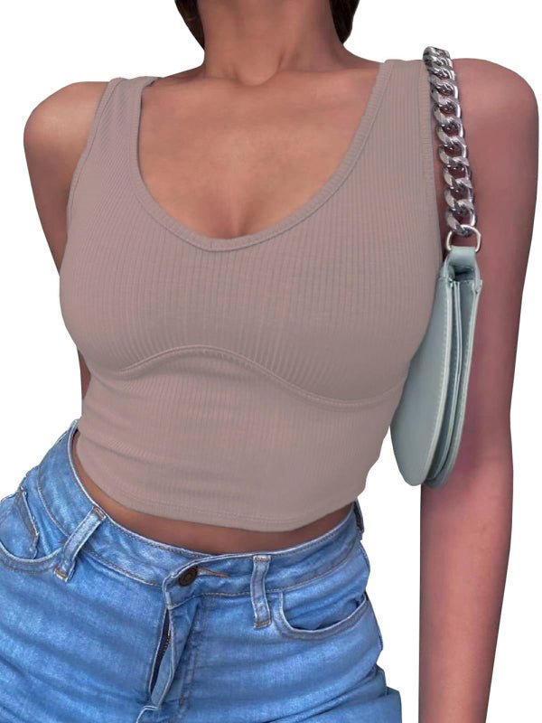 Women's V - Neck Stitching Stretch Solid Color Knit Tank Top - Top