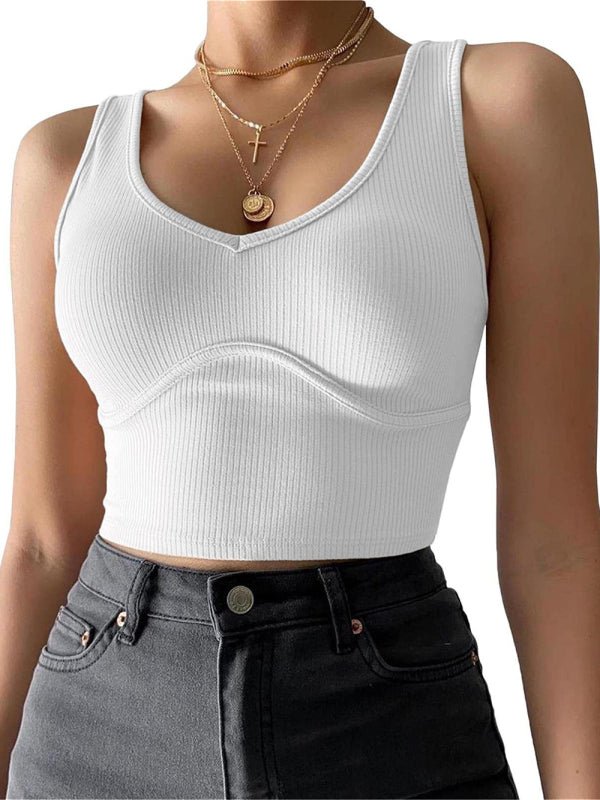 Women's V - Neck Stitching Stretch Solid Color Knit Tank Top - Top