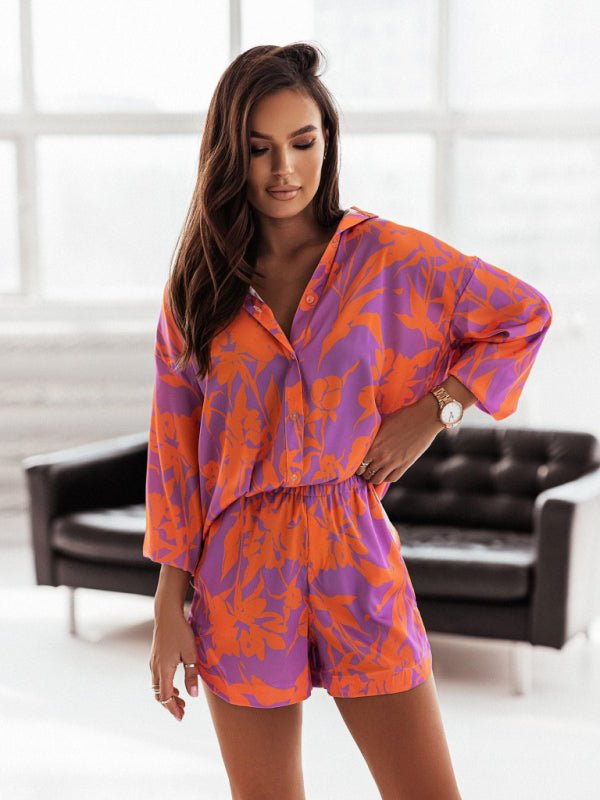 Women's vacation style printed shirt + shorts two - piece sets - Short Suit
