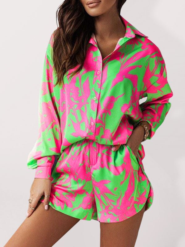 Women's vacation style printed shirt + shorts two - piece sets - Short Suit