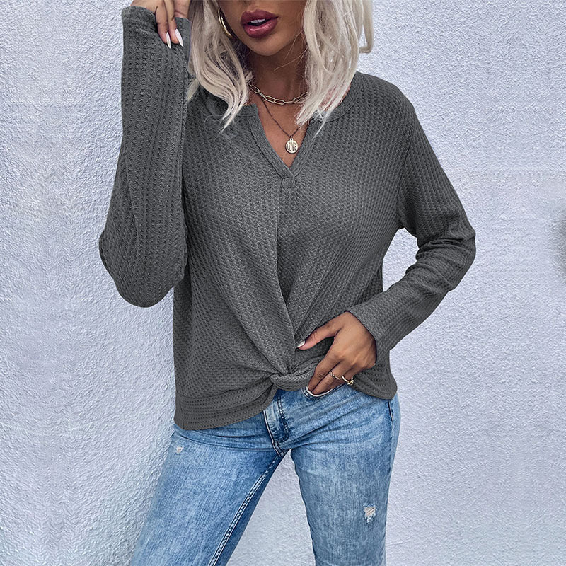 women's waffle kink thin solid color bottoming knitted sweater - Outerwear