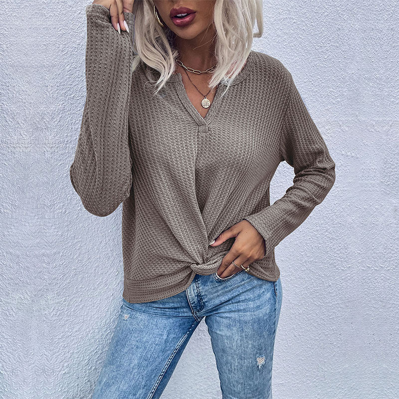 women's waffle kink thin solid color bottoming knitted sweater - Outerwear