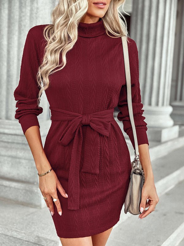 Women's warm high neck lace up Hip Wrap Dress - Nightout dress