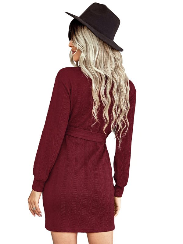 Women's warm high neck lace up Hip Wrap Dress - Nightout dress
