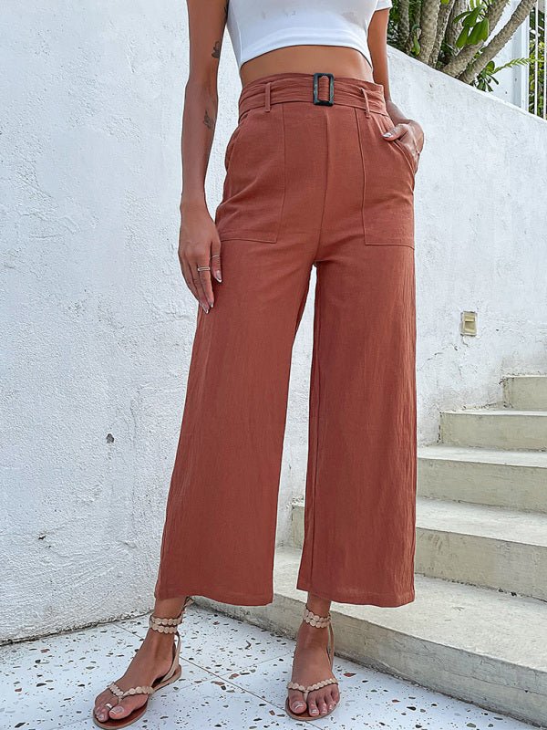 Women's woven cotton cropped casual wide - leg pants - Bottoms
