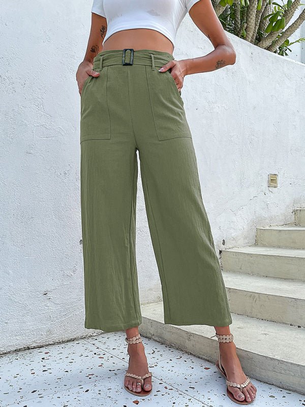 Women's woven cotton cropped casual wide - leg pants - Bottoms