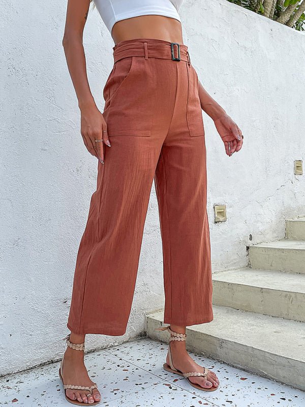 Women's woven cotton cropped casual wide - leg pants - Bottoms