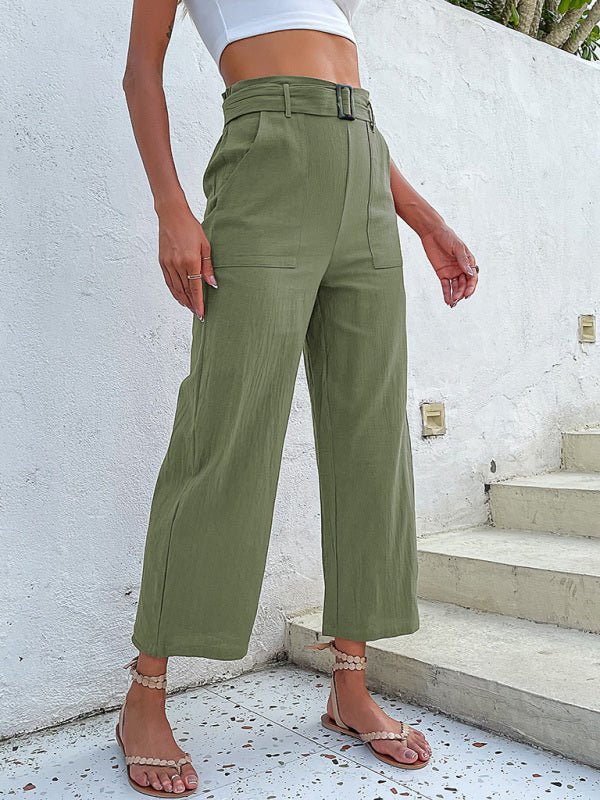 Women's woven cotton cropped casual wide - leg pants - Bottoms