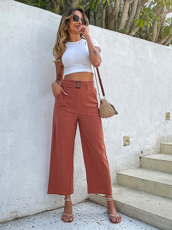 Women's woven cotton cropped casual wide - leg pants - Bottoms