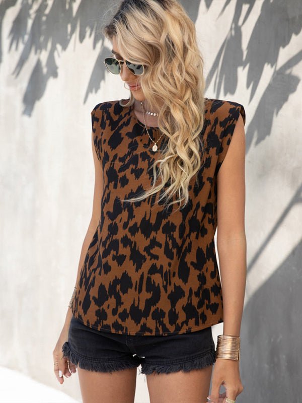 Women's Woven Fashion Casual Round Neck Leopard Print Sleeveless Tank Top - Top