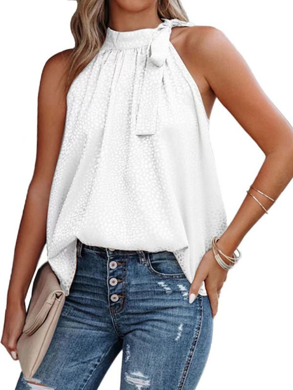 Women's Woven Halter Neck Bow Leopard Print Sleeveless Tank Top - Top