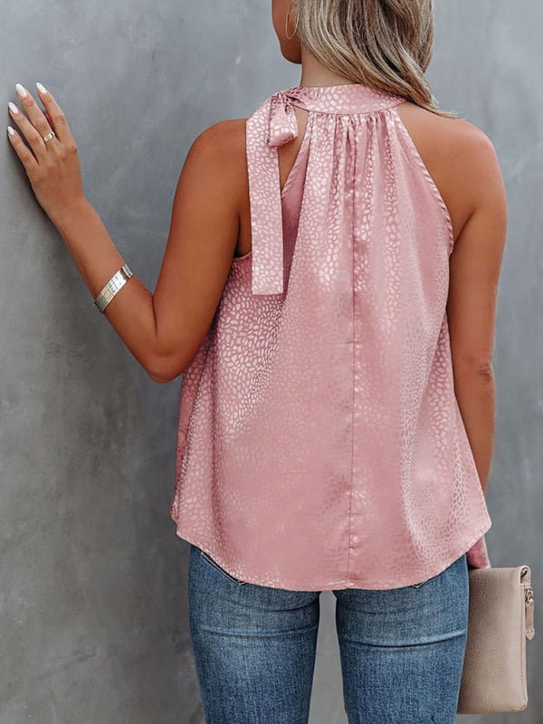 Women's Woven Halter Neck Bow Leopard Print Sleeveless Tank Top - Top