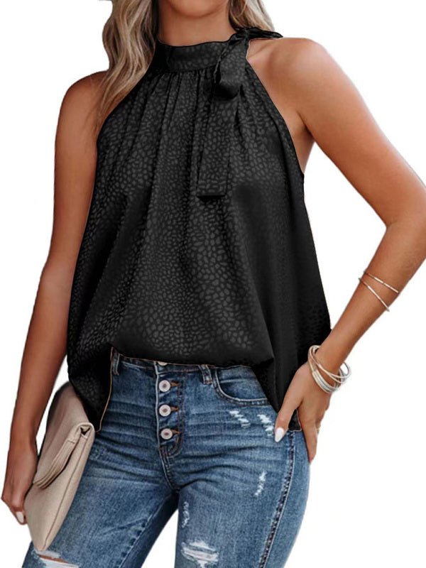 Women's Woven Halter Neck Bow Leopard Print Sleeveless Tank Top - Top