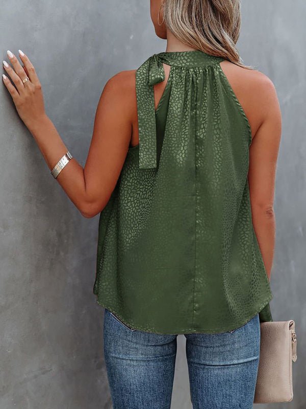 Women's Woven Halter Neck Bow Leopard Print Sleeveless Tank Top - Top
