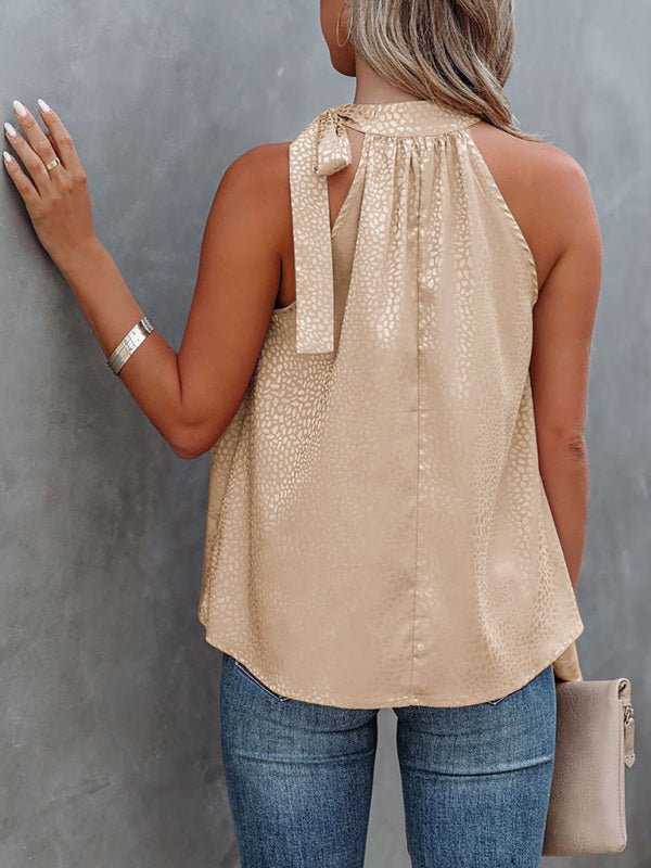 Women's Woven Halter Neck Bow Leopard Print Sleeveless Tank Top - Top
