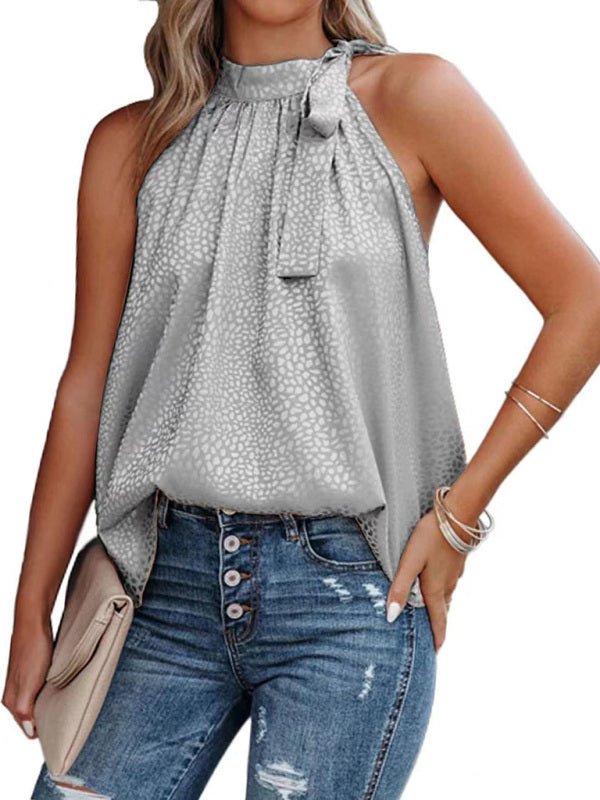 Women's Woven Halter Neck Bow Leopard Print Sleeveless Tank Top - Top