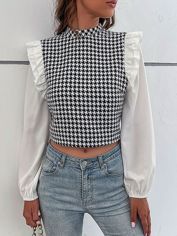 Women's Woven Mock Neck Long Sleeve Houndstooth Shirt - Top