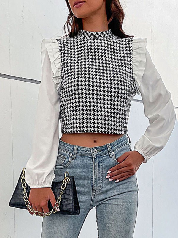Women's Woven Mock Neck Long Sleeve Houndstooth Shirt - Top