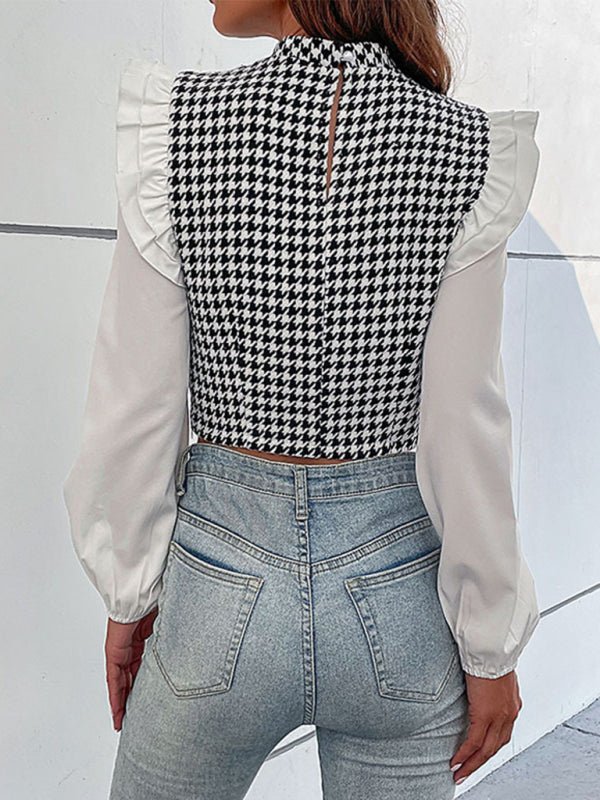Women's Woven Mock Neck Long Sleeve Houndstooth Shirt - Top