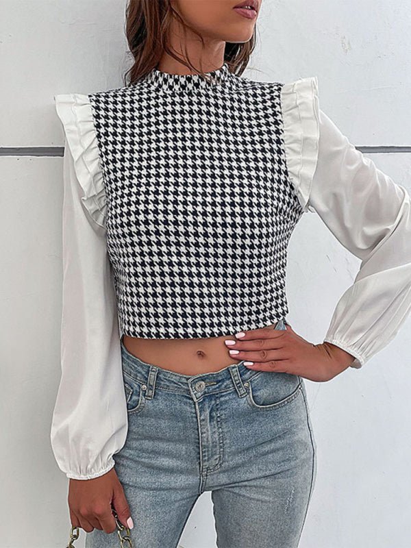 Women's Woven Mock Neck Long Sleeve Houndstooth Shirt - Top