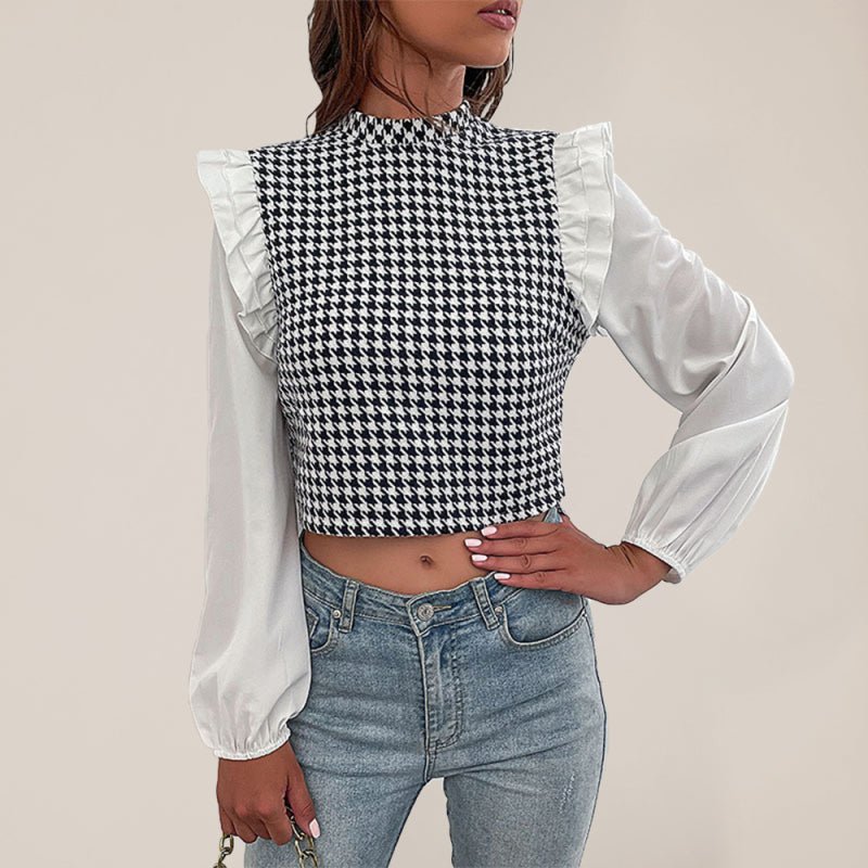 Women's Woven Mock Neck Long Sleeve Houndstooth Shirt - Top