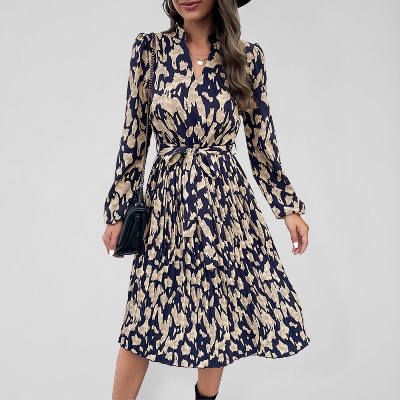 Women's Woven Pleated Print Long Sleeve Dress - Formal Dress