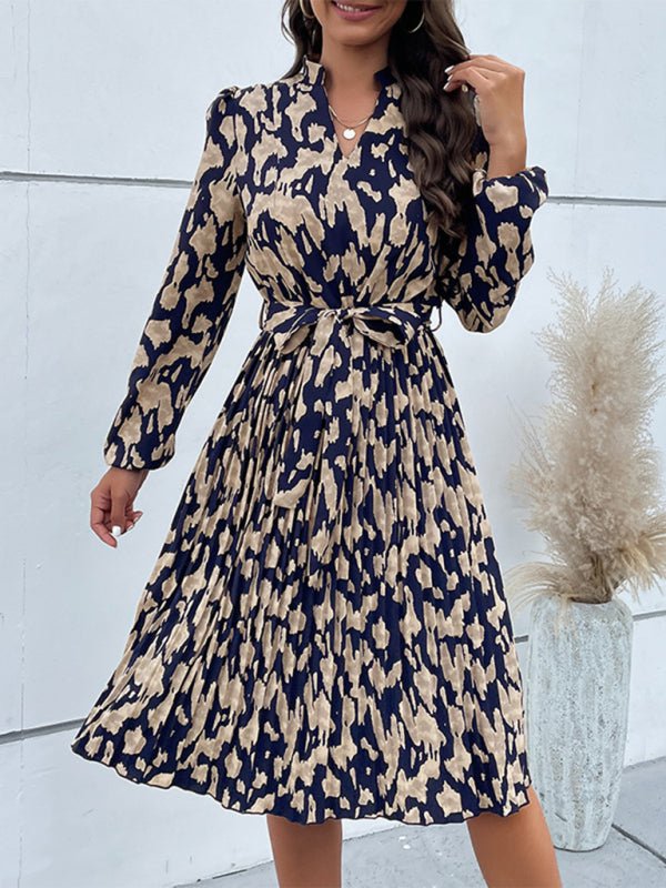 Women's Woven Pleated Print Long Sleeve Dress - Formal Dress