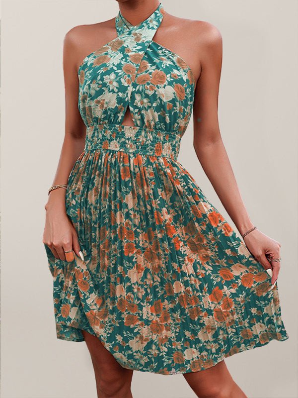 Women's Woven Sexy Halter Neck Backless Floral Dress - Vacation Dress