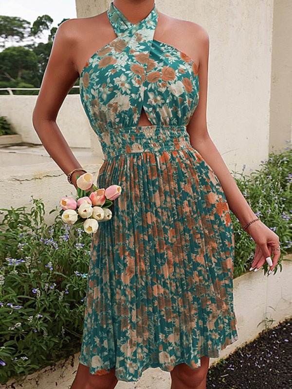 Women's Woven Sexy Halter Neck Backless Floral Dress - Vacation Dress