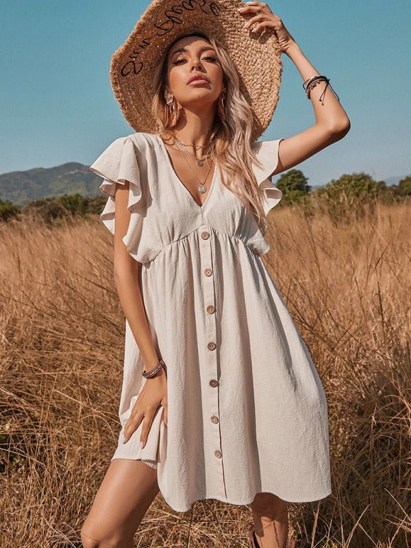 Women's woven v - neck button - up large swing A - shaped small flying sleeve dress - Day Dress