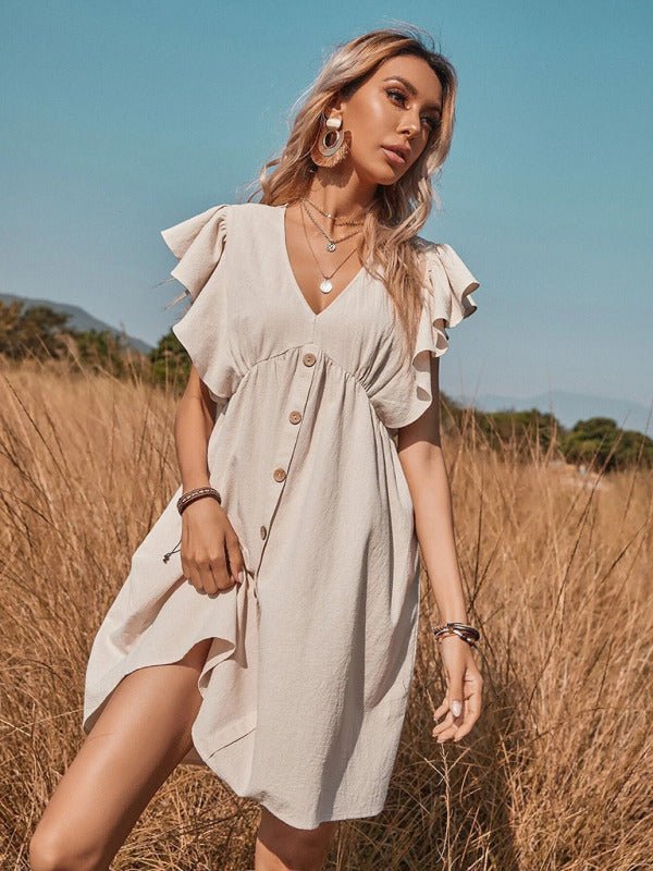 Women's woven v - neck button - up large swing A - shaped small flying sleeve dress - Day Dress