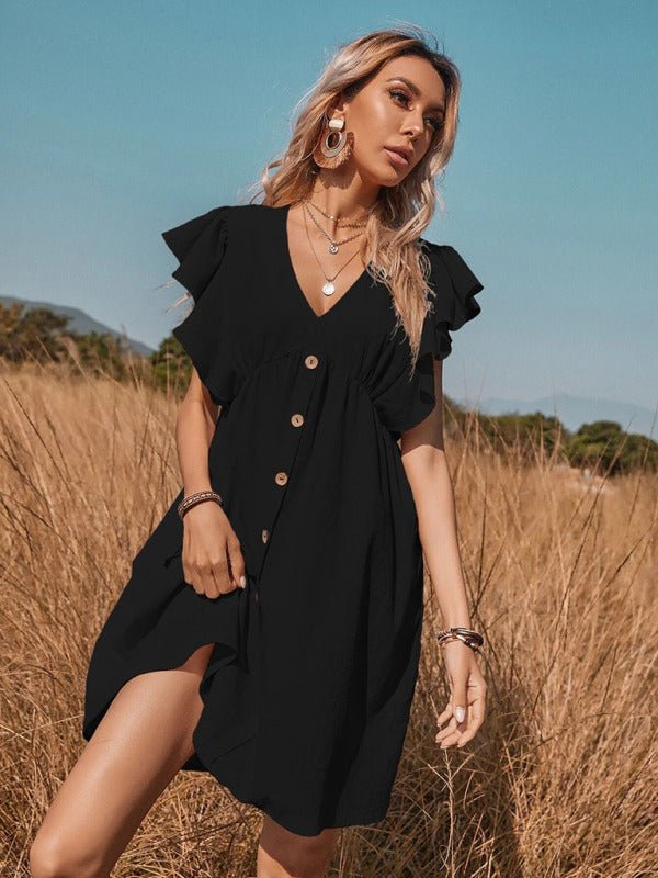 Women's woven v - neck button - up large swing A - shaped small flying sleeve dress - Day Dress