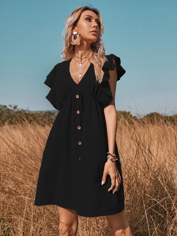 Women's woven v - neck button - up large swing A - shaped small flying sleeve dress - Day Dress