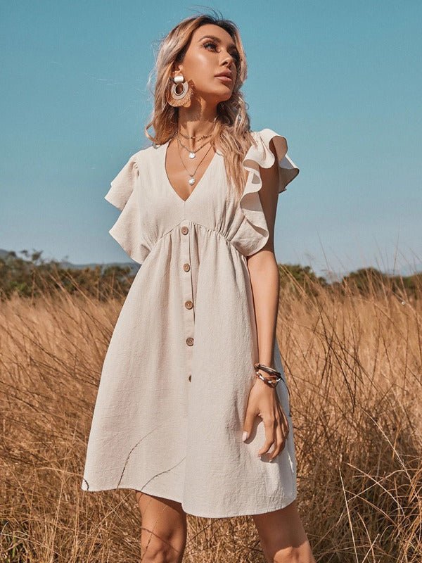 Women's woven v - neck button - up large swing A - shaped small flying sleeve dress - Day Dress