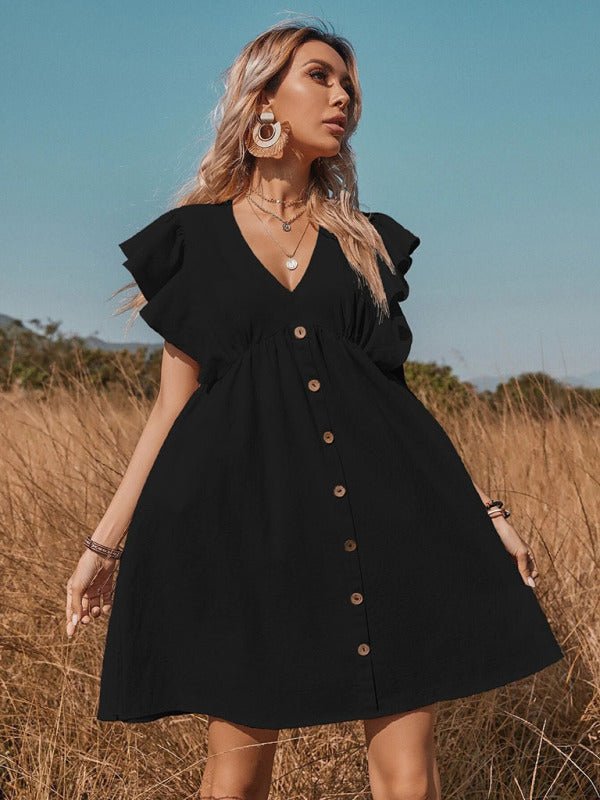 Women's woven v - neck button - up large swing A - shaped small flying sleeve dress - Day Dress