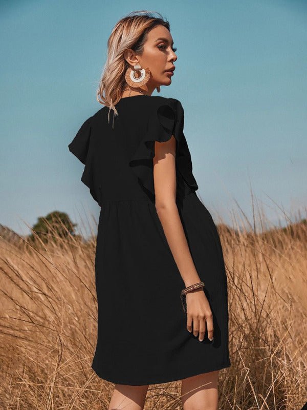 Women's woven v - neck button - up large swing A - shaped small flying sleeve dress - Day Dress