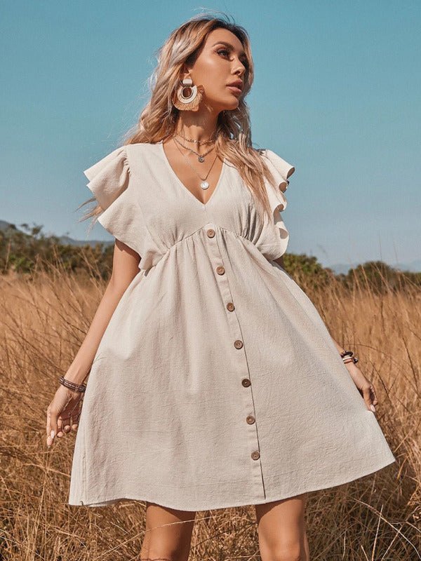 Women's woven v - neck button - up large swing A - shaped small flying sleeve dress - Day Dress