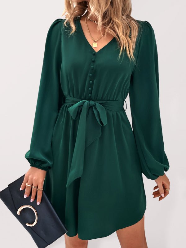 Women's Woven V - Neck Casual Long Sleeve Dress - Day Dress