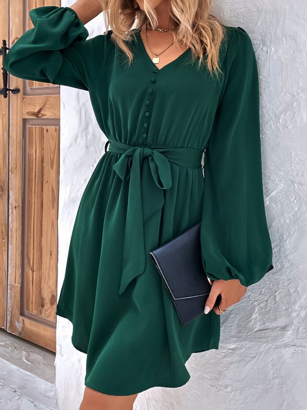 Women's Woven V - Neck Casual Long Sleeve Dress - Day Dress