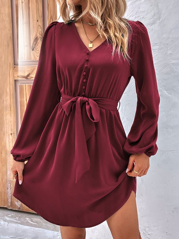 Women's Woven V - Neck Casual Long Sleeve Dress - Day Dress