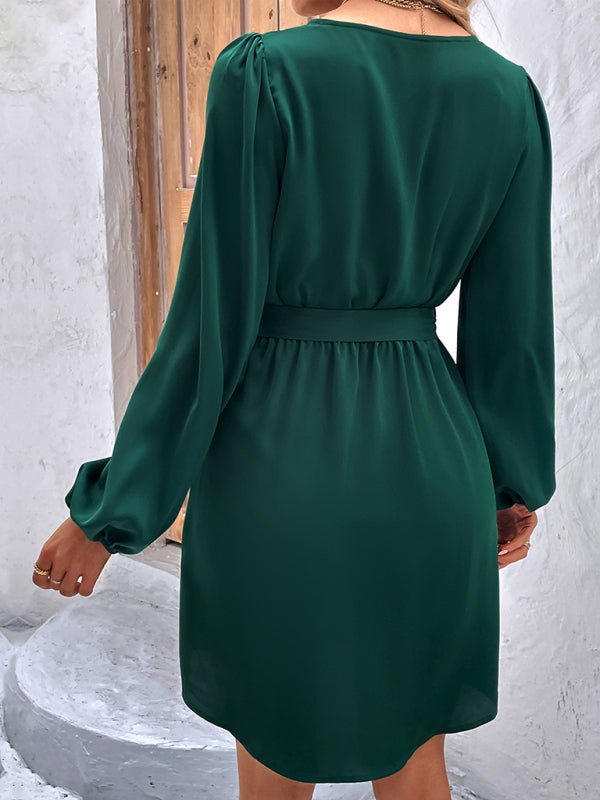Women's Woven V - Neck Casual Long Sleeve Dress - Day Dress