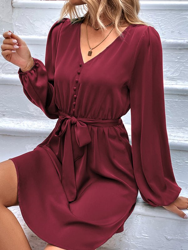 Women's Woven V - Neck Casual Long Sleeve Dress - Day Dress